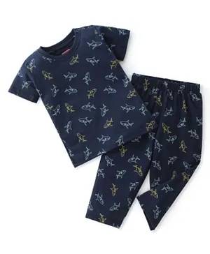 Babyhug Cotton Single Jersey Knit Half Sleeves Night Suit Marine Life Print - Navy Blue