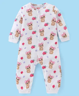 Babyhug 100% Cotton Full Sleeves Romper With Teddy Print - White