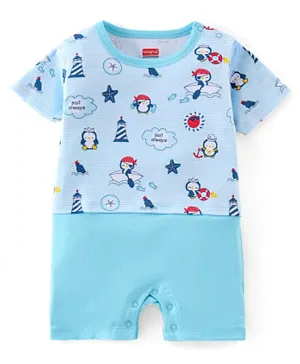Babyhug 100% Cotton Half Sleeves Romper With Penguin Print - Blue