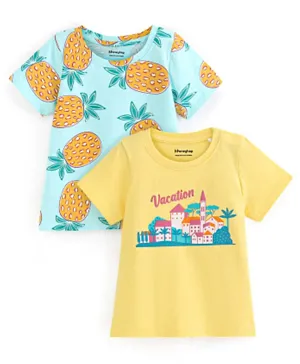 Honeyhap Premium  Cotton Printed Half Sleeves T-Shirts with Bio Finish Pineapple Print Pack of 2 - Limpet Shell & Goldfinch