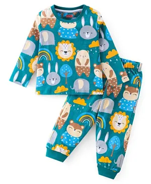 Babyhug Cotton Knit Full Sleeves Night Suit With Bear Print - Blue