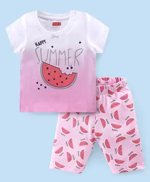 Babyhug Cotton Knit Half Sleeves Night Suit With Watermelon Print - Pink & Purple