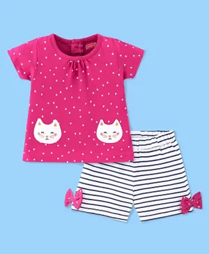 Babyhug Cotton Knit Half Sleeves Night Suit With Dots Print & Kitty Patch - Pink