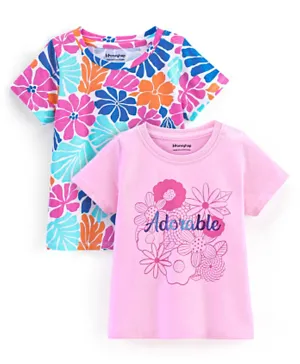 Honeyhap Premium Cotton Floral Printed Half Sleeves T-Shirts with Bio Finish Pack of 2 - Bright White & Pink