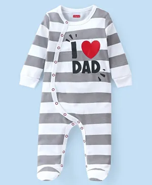 Babyhug Cotton Knit Footed Sleepsuit With Striped Print - Grey
