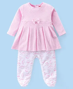 Babyhug Interlock Full Sleeves Sleepsuit Dino & Polka Dots Printed - Pink
