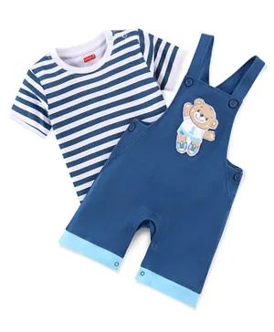 Babyhug 100% Cotton Knit Dungaree and Half Sleeves T-Shirt Set Stripes & Bear Patch - White & Blue