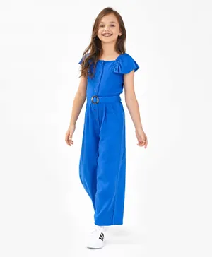 Primo Gino Viscose Woven Full Length Solid Colour Jumpsuit with Belt - Royal Blue