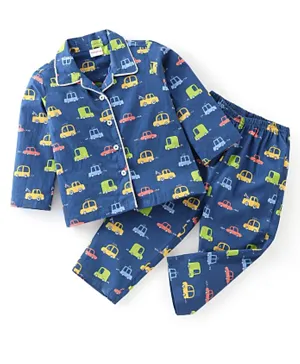 Babyhug Cotton Knit Full Sleeves Night Suit With Car Print - Navy Blue