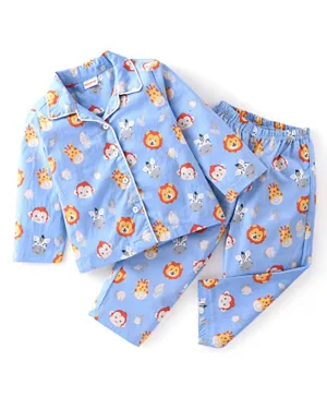 Babyhug Cotton Knit Full Sleeves Night Suit With Animals Print - Blue