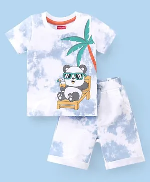 Babyhug 100% Cotton Jersey Knit Half Sleeves Tie & Dye T-Shirt and Shorts Set with Panda Print - Light Blue