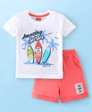 Babyhug 100% Cotton Half Sleeves T-Shirt and Shorts Set Beach Print - Peach and White
