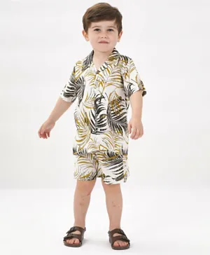 Bonfino 100% Rayon Half Sleeves Shirt & Shorts Set Tropical Print - Beige