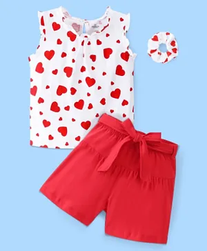 Ollington St. Cotton Knit Sleeveless Top & Shorts Set Heart Print - White & Red