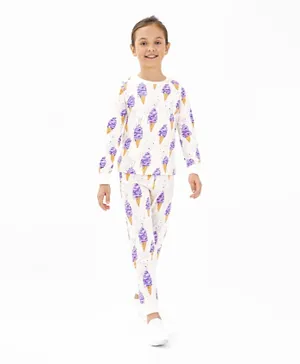 Primo Gino 100% Cotton Full Sleeves Night Suit with Ice Cream Print - Purple