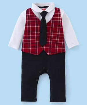 Babyhug Cotton Full Sleeves Romper With Tie Checkered - Red & Black