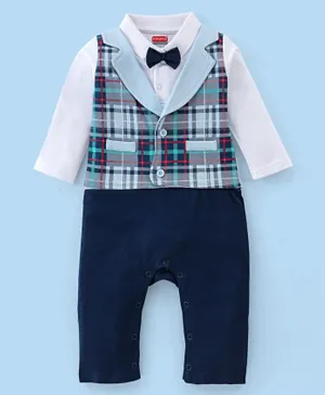 Babyhug 100% Cotton Full Sleeves Romper Checkered - White & Navy Blue