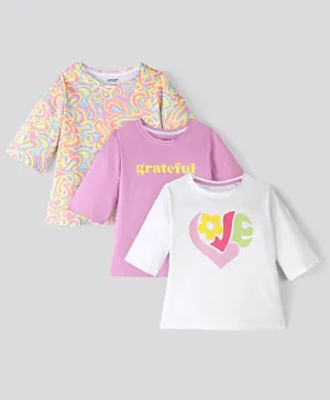 Primo Gino Cotton Knit Half Sleeves T-Shirt Heart & Text Print Pack of 3- Pink White & Purple