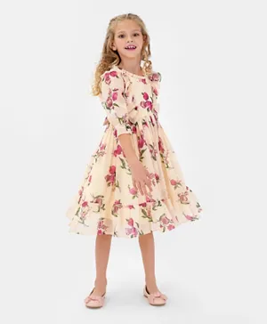 Kookie Kids Floral Print Party Dress - Beige