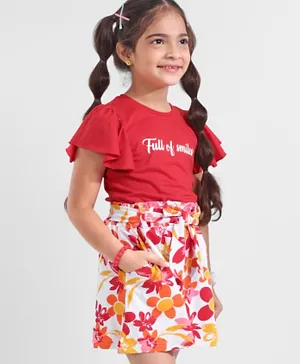 Ollington St. 100% Cotton Half Sleeves Top & Skirt With Floral Print - Red & White