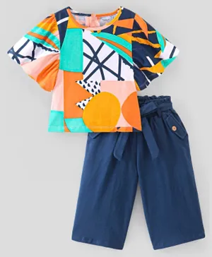 Ollington St. Cotton Knit Flutter Sleeves Abstract Print Top & Capri Set - Multicolour