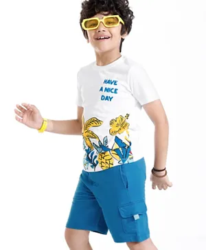 Ollington St. 100% Cotton Half Sleeves T-Shirt & Shorts With Text & Tropical Print - White & Blue