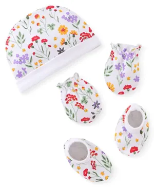 Babyhug 100% Cotton Knit Cap Mittens & Booties With Floral Print - White