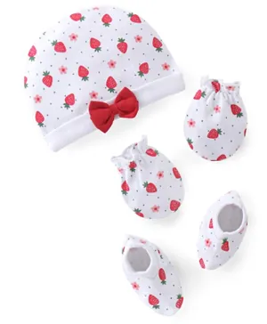 Babyhug 100% Cotton Knit Cap Mittens & Booties With Strawberry Print - White & Red