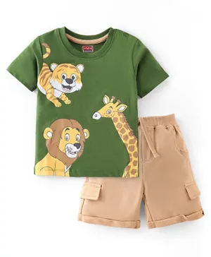 Babyhug 100% Cotton Half Sleeves T-Shirt and Shorts Set Animal Print - Green and Beige