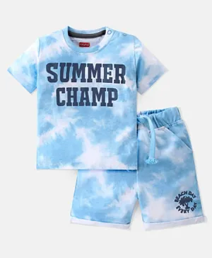 Babyhug 100% Cotton Single Jersey Knit Half Sleeves Tie Dye T-Shirt and Shorts Set Text Print - Light Blue