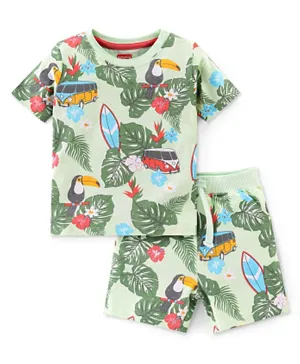 Babyhug Cotton Knit Half Sleeves T-Shirt & Shorts/Co-ord Set Tropical Toucan Print - Green