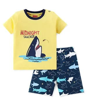 Babyhug Cotton Knit Half Sleeves Night Suit Whale Print - Yellow & Navy Blue