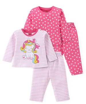 Babyhug Cotton Knit Full Sleeves Heart & Unicorn Print Night Suits Pack of 2 - Pink & White