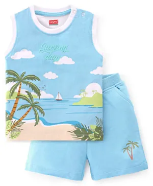 Babyhug 100% Cotton Knit Single Jersey Sleeveless T-Shirt & Shorts With Beach Theme Print - Blue