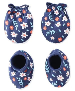 Babyhug 100% Cotton Knit Mittens & Booties Set Floral Print- Blue