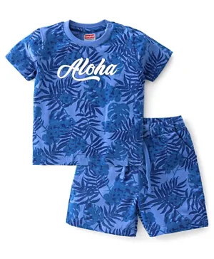 Babyhug 100% Cotton Knit Half Sleeves T-Shirt & Shorts With Tropical Print - Navy Blue