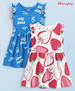 هونيهاب - فستان بطبعات فراولة (قطعتين) - أزرق وأبيض