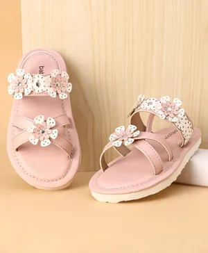Babyoye Sandals With Velcro Closure & Floral Applique- Pink