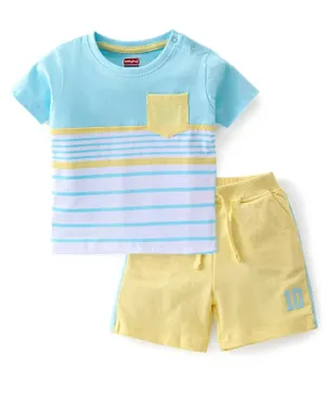 Babyhug 100% Cotton Knit Half Sleeves Cut Sew T-Shirt & Shorts With Striped - Blue & White