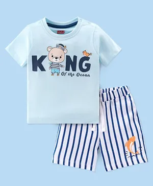 Babyhug 100% Cotton Knit Half Sleeves T-Shirt & Shorts With Teddy Print - Blue & White