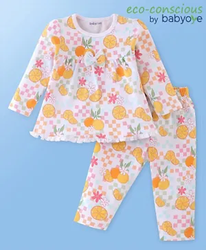 Babyoye Eco Conscious Interlock  Knit Full Sleeves Night Suit/Co-ord Set Fruits & Floral Print - White
