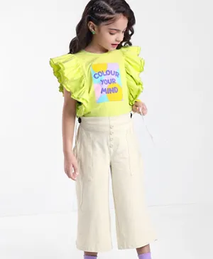 Ollington St. 100% Cotton Sinker Knit Half Sleeves Top And Culottes Set Text Print - Green & Beige