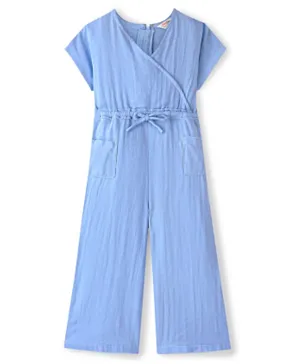 Primo Gino 100% Cotton Double Gauze Long Jumpsuit With Overlap Detail -Blue