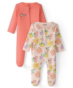 Bonfino 2 Pack 100% Cotton Knit Full Sleeves Sleep Suits with Floral Print - Peach & Orange