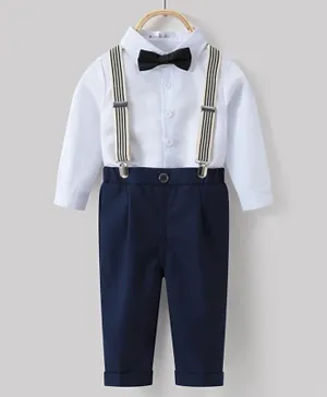 Kookie Kids Solid Shirt & Trousers Set With Suspenders & Bow Tie - White & Blue