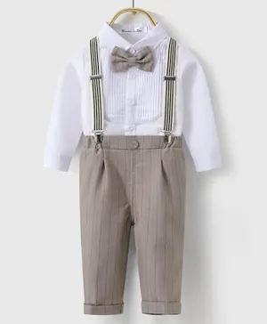 Kookie Kids Solid Shirt & Striped Trousers Set With Suspenders & Bow Tie - White & Beige