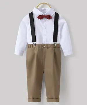 Kookie Kids Solid Shirt & Trousers Set With Suspenders & Bow Tie - White & Brown