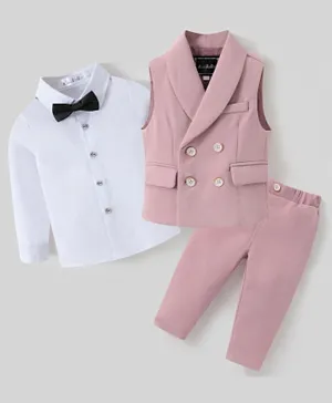 Kookie Kids 3 Piece Suit With Solid Shirt Waistcoat Trousers & Bow Tie - Pink