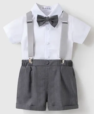 Kookie Kids Solid Shirt & Bottom Set With Suspenders & Bow Tie - White & Grey