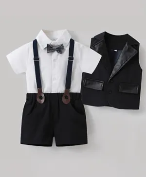 Kookie Kids 3 Piece Suit With Solid Shirt Waistcoat Trousers, Suspenders & Bow Tie - White & Black